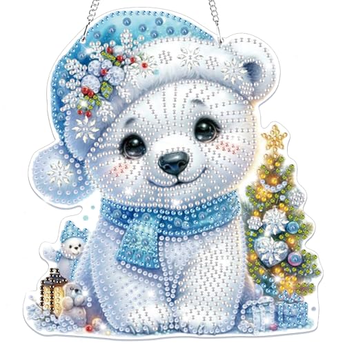Bowetile Christmas Diamond Art Hanging Kits for Adults, 5D Special Shape Diamond Painting Kits Polar Bear, Crystal Gem Painting Arts and Crafts for Christmas Gifts for Home Garden Decor - color: Polar Bear
