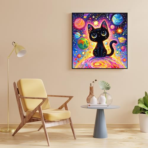 PRASIO Black Cat Diamond Art Kits for Adults Beginner, Colorful Planet 5D Diamond Painting Kits for Adults, DIY Round Full Drill Gem Art Painting and Crafts for Gift Home Wall Decor 14x14 Inch - color: XM-DP-BlackCat01-3535
