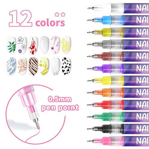 12 Colors Nail Art Pens Set, 3D Dotting & Liner Nail Marker Pen Kit for Nail Art Designs, Graffiti & Drawing Tool for DIY Manicure, Professional Nail Decoration Kit - color: Multicolor H