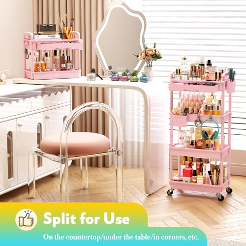 SUNALLY Makeup Cart Organizer with Drawer, 4 Tier Rolling Makeup Cart, Pink - color: Pink, size: 4 Tier