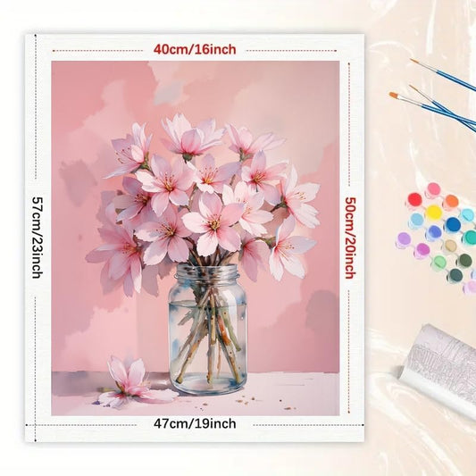 Share Young Cherry Blossom Paint by Numbers Kit for Adults - DIY Pink Flowers in Jar Painting on Canvas 16x20IN, Frameless Acrylic Paint Set, Suitable for Beginners, Art for Home Decoration or Gifts