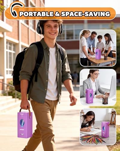 AFMAT Electric Pencil Sharpener, Fully Automatic Pencil Sharpener for 6-12mm No.2/Jumbo Pencils, Auto in & Out, 5 Sharpness Modes, Rechargeable Heavy Duty Sharpeners for Classroom/Home/Office PSC7 - color: Purple