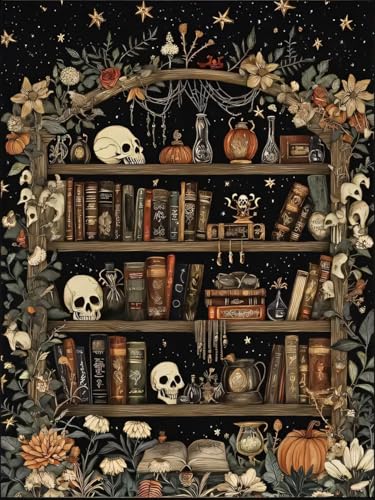 RYMILIE Halloween Diamond Art Kits for Adults Skull Bookshelf 12x16inch | 5D Stress Relief Diamond Painting Kit for Beginners, DIY Full Round Drill Gem Art Crafts for Home Wall Decor Gift - color: DP04074