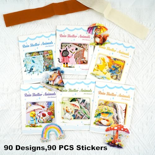 Rain Shelter Animals PET Stickers – 90PCS Whimsical Stickers with Watercolor Animal Designs for Scrapbook, Journal, DIY Crafts, Waterproof - color: Rainy Day Pals