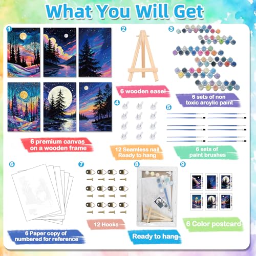 EggSun 6 Pack Framed Paint by Numbers Kit for Adults,Beginners with Wooden Easel,DIY Acrylic Oil Painting Paint by Numbers Kits on Canvas for Home Decor(Moon Mountain Lake Landscape,8x12Inch) - style: Moon Mountain Lake Landscape