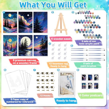 EggSun 6 Pack Framed Paint by Numbers Kit for Adults,Beginners with Wooden Easel,DIY Acrylic Oil Painting Paint by Numbers Kits on Canvas for Home Decor(Moon Mountain Lake Landscape,8x12Inch) - style: Moon Mountain Lake Landscape