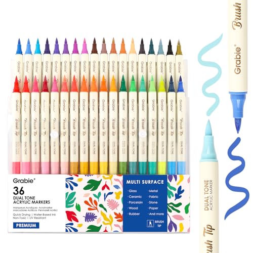 Grabie 72 Color Acrylic Paint Markers, Pack of 36 Dual Tip Brush Pens | 72 Colors in 36 Markers,Dual Tip Soft Brush Design,Water-Based Acrylic Ink For Paper, Rock, Wood, Canvas, Glass & Fabric - color: B.36Pcs-72Dual Tone Colors