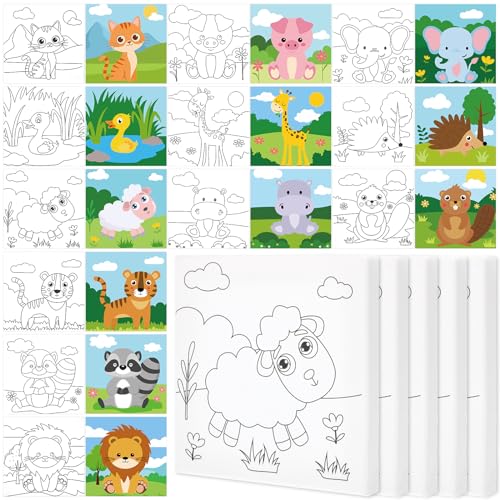 Teling 12 Pcs Pre Drawn Stretched Canvas Kit for Adults Painting Pre Printed Canvas Outline for DIY Painting Party Favor,6 x 6 x 0.6 Inches(Animal) - style: Animal