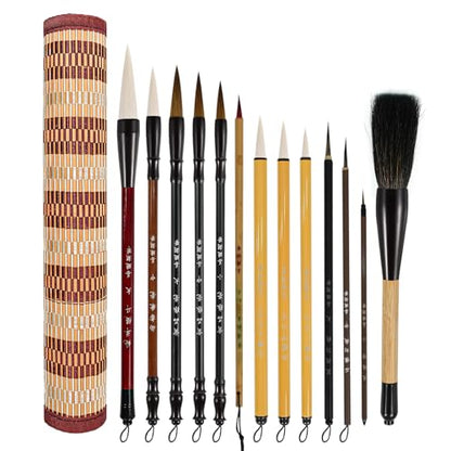 Chinese Calligraphy Brush Set with Roll-Up Bamboo Holder-13 Pieces