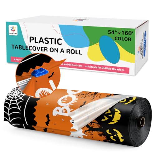 54IN X 160FT Halloween Plastic Table Cover Roll with Cutter Box, Cut to Size Plastic Table Cloths for Parties, Birthday, (BOOI Spider Web) - color: Booi Spider Web, size: 1920" x 54" (Rectangular)