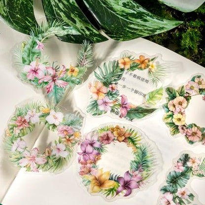 120 Pcs Tropical Flower and Leaf PET Stickers for Scrapbooking | Floral bouquets and lush foliage; pre-cut, transparent and water-resistant for journals, collages and crafts - color: Botanical Library