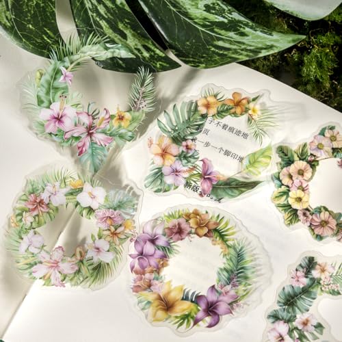 120 Pcs Tropical Flower and Leaf PET Stickers for Scrapbooking | Floral bouquets and lush foliage; pre-cut, transparent and water-resistant for journals, collages and crafts - color: Botanical Library