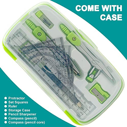 Akuoly Geometry Compass Kit Starter Maths Set with 2 Drafting Compasses Protractor Set Squares Ruler and More for Students Maths Study, Green