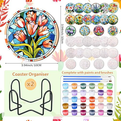 Reallnaive 8 Pcs Flower Paint by Numbers Kit for Adults Wood Floral Coaster - style: Floral