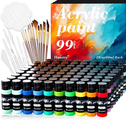Acrylic Paint Set 118 PCS of 99 Colors 2fl oz 60ml Bottles with 12 Brushes and 6 Knives,Non Toxic No Fading Rich Pigment for Kids Adults Artists Canvas Crafts Wood Painting