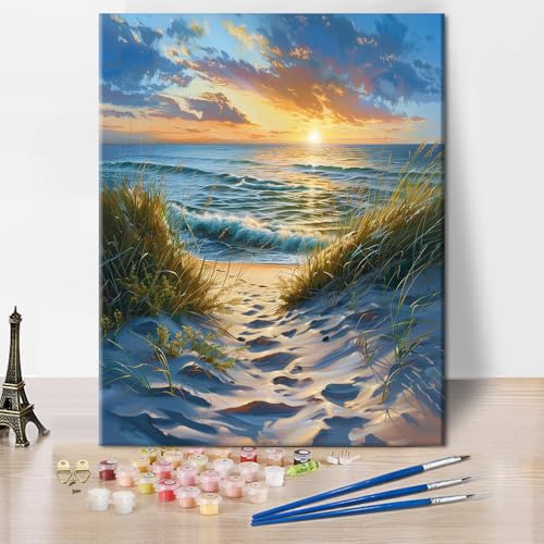 TUMOVO DIY Paint by Numbers for Adults Beach Scene Sunrise, 16x20 Inch | Abstract Canvas Kits with Acrylic Paints and 3 Brushes, Stress-relief Painting Kit for A Calming Hobby, Beginner Friendly - color: Sunrise