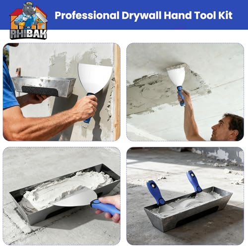 Drywall Hand Tools Kit, Drywall Knife Set with Putty Knives, Taping Knives, Aluminum Hawk, Mud Pan, Flat Finishing Trowel, Multi-Fuctional Paniter Scraper