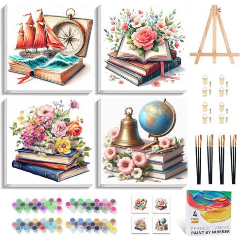 Camocin 4 Pack Framed Paint by Numbers Kit for Adults with Wooden Easel | Book Lover Artwork, DIY Canvas Painting Set, Reading Room Wall Decor, Literary Aesthetic, Beginner Friendly, 10x10 Inch - color: LBOP4PF09