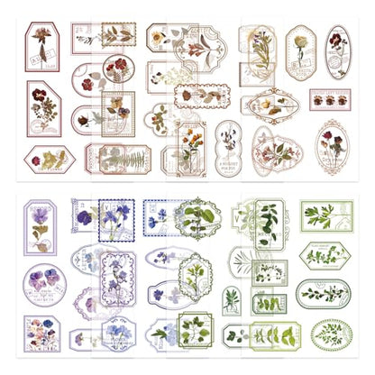 Bomichi 120 Pcs Flowers Stamp Stickers, Vintage Aesthetic Scrapbook Supplies for Junk Journal Bullet Therapy Planner Laptops Card Making Supplies - style: Transparent Flower Stamps