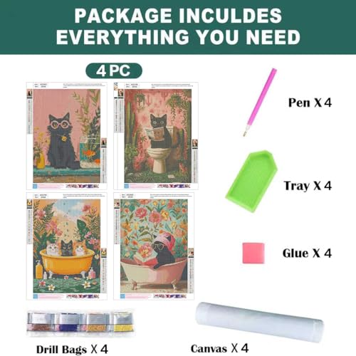mrpwnle 4 Pack Cat Diamond Art Kits for Adults, Black Cat Diamond Painting - color: 4 Pack Black Cat, size: 11.8x15.7in(30x40cm)