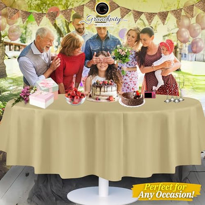 Grandipity Plastic Table Cloth Disposable 12 Pack 84" Round Beige | Plastic table covers, durable disposable tablecloths, fade and tear-resistent table cover for party, event - color: Beige, size: 84in. Round
