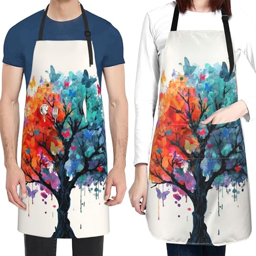 Art Apron with Pocket for Women Men | Kitchen Aprons Chef Apron for Cooking Baking BBQ Painting Gardening - color: Colorful Tree With Butterflies