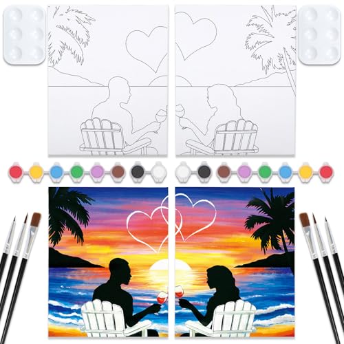 VOCHIC Sip and Paint Kit,Pre Drawn Canvas Couples Paint Party Kit Painting Art Set for Adults Date Night 2 Pack (12 x 16 Inches, Sunset and Couple) - size: 12x16, style: Sunset and Couple