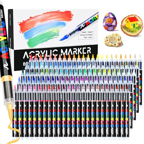 120 Colors Acrylic Paint Markers, Water-Based Colored Paint Pens, Brush Tip Markers with Direct-Liquid Ink Control System, Markers Set for Pumpkin Decorating, Rock, Fabric, Wood, Wood, Art Supplies - color: 120 Colors Brush Tip