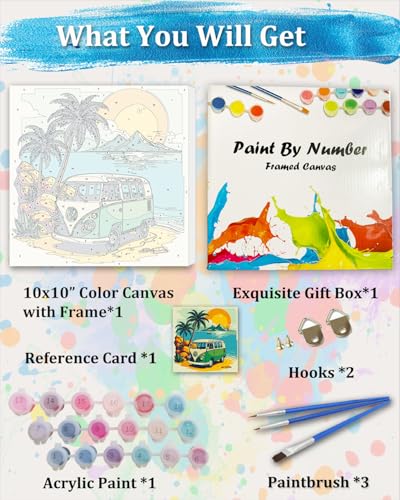 TOCARE Framed Paint by Numbers Kit for Adults Beginner & Kids Ages 8-12,Palm Tree Bus Paint by Number Framed,Simple Oil Paint by Number Kits on Canvas Framed Bus(10x10 Inch, Without Easel) - color: TC-F-103