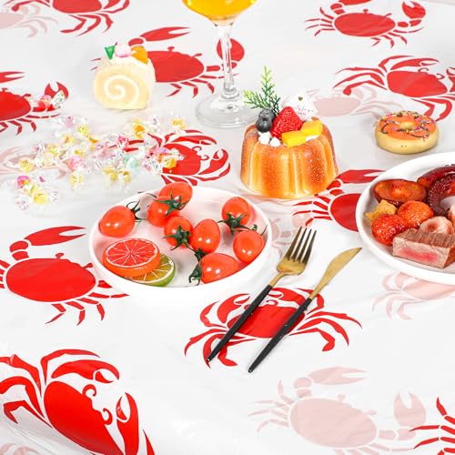 Kochorie 2 Pieces Crab Boil Plastic Tablecloth 108 x 54 Inch Rectangular White and Red Sea Animal Table Cover Waterproof Crab Tablecloth for Summer Party Supplies Home Outdoor Decorations - style: Crab