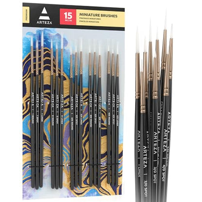 ARTEZA Detail Paint Brushes, Set of 15, Miniature Paint Brush Set with Spot, Round and Liner Tips, Fine Tip Paint Brushes for Acrylic Painting, Watercolor, Models, Crafts and Canvas - style: Detail Paint Brushes