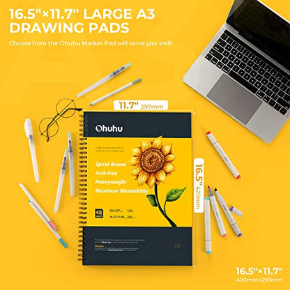 Ohuhu 16.5"x11" Marker Paper Pad Art Sketchbook for Drawing and Sketching | XL A3 Large Sketch Book -120 LB/200 GSM Smooth Drawing Paper -48 Sheets/96 Pages -Spiral-Bound Sketch Pad for Alcohol Markers - size: 16.5" x 11"