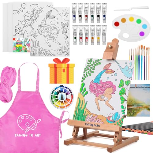 Kids Tabletop Easel Set, Portable Art Easel Painting Kits | 52 Pcs Wooden Easel for Painting Canvases, Including 12 Colors Acrylic Paints, 10 Paintbrushes and 4 Canvas Panels, Pink - color: Pink