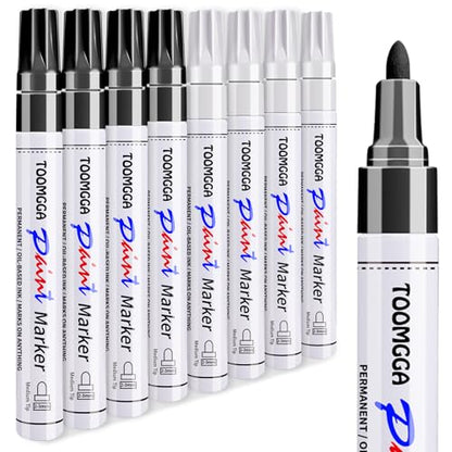 TOOMGGA 8 White and Black Permanent Markers Paint Pens, Oil Based Medium | Marking Pens, Quick Drying, Waterproof, Fade-resistant, for Rock Painting, Car Tyre, Metal, Plastic, Canvas, Mugs, Wood - color: White&Black