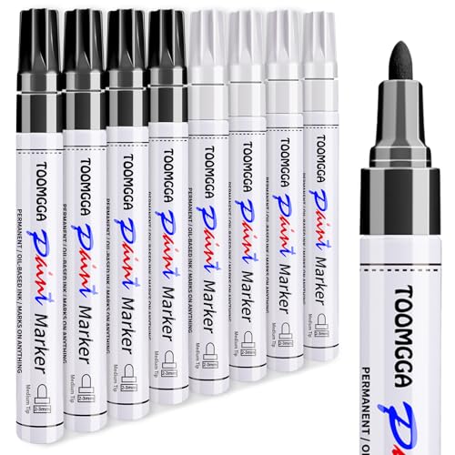 TOOMGGA 8 White and Black Permanent Markers Paint Pens, Oil Based Medium | Marking Pens, Quick Drying, Waterproof, Fade-resistant, for Rock Painting, Car Tyre, Metal, Plastic, Canvas, Mugs, Wood - color: White&Black