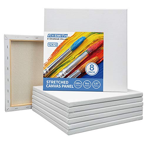 Stretched White Blank Canvas- 12x12 Inch,Bulk Pack of 8,Primed,100% Cotton,5/8 Inch Profile of Super Value Pack for Acrylics,Oils & Other Painting Media - size: 12"x12"