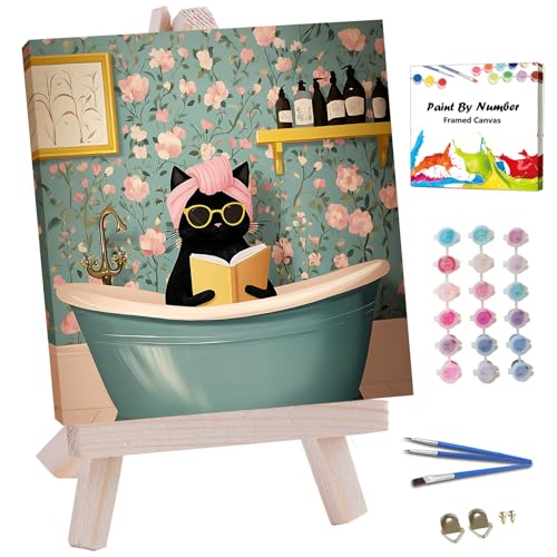 JUJUHOOD Funny Bathing Cat Paint by Numbers Kit for Adults Beginner & Kids Ages 8-12,Black Cat Paint by Number Without Easel, Acylic Paint by Numbers for Gift Home Wall Decor 10x10Inch - color: ZXT-258-F