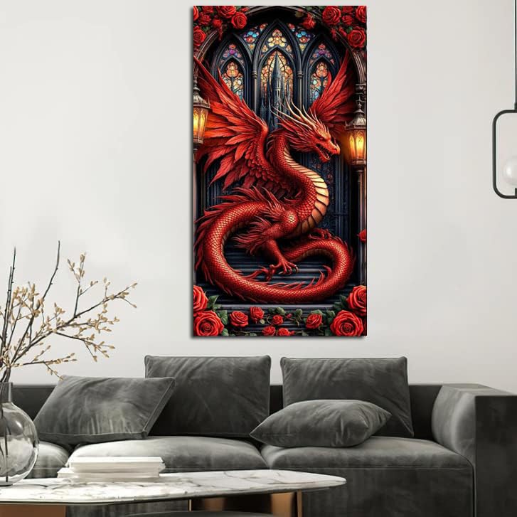 KUFWKEY Fantasy Dragon Diamond Art Kits for Adults,Gothic Stained Rose Diamond Painting Kits,Full Round Diamond Mosiac Kits,DIY Handicrafts,Gem Art and Crafts,Large Size 16x28inch - color: AM804