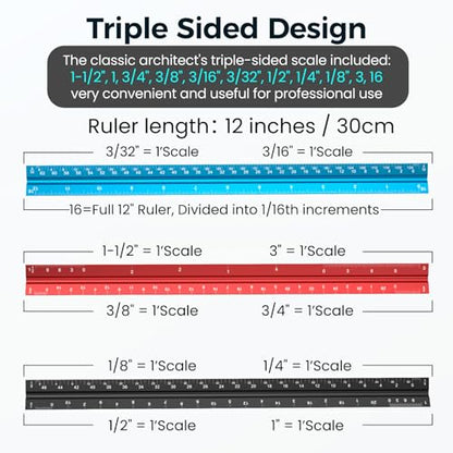 Rena Chris Architectural Scale Ruler: 12" Imperial Aluminum Alloy Metal Architecture Measuring Tools, Engineering Drafting Construction Drawing Blueprints Triangular Architect Scaling Rulers 12 Inches - color: Red