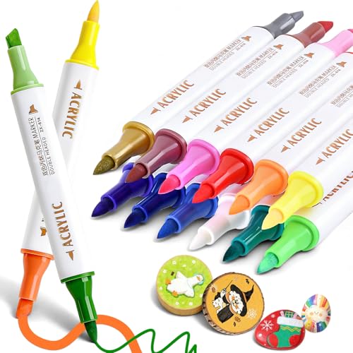 Coloring Acrylic Paint Markers, 24 Colors Dual Tip Chisel & Fine Art Paint Pens Set, Colored Markers for Adult Book Drawing, Rock, Stone, Fabric, Art Supplies Marker Kit for Illustration DIY, 12 Pack - color: 24 Colors Brush & Chisel
