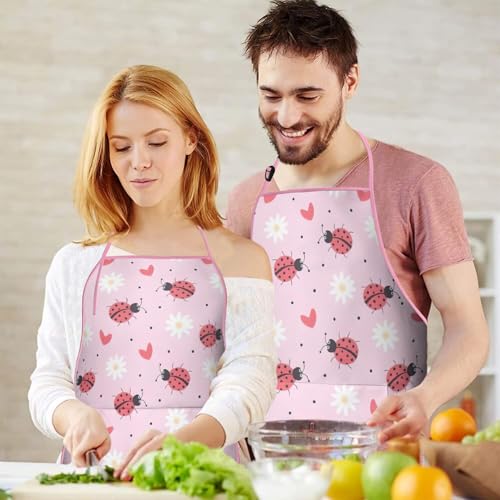 Apron with 2 Pockets,Kitchen Chef Artist Aprons for Cooking Gardening Baking Painting, Waterproof Apron 33" x 27" - color: Ladybug