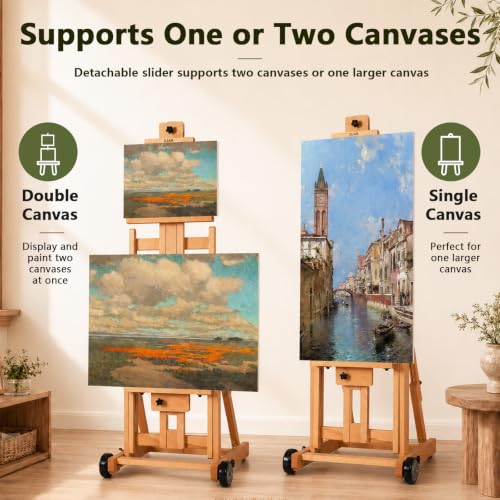 DJAR Large H-Frame Painting Easel for Adults, Solid Beech Wood, Natural | Movable & Tilting Flat Floor Stand, Holds Canvases up to 78", Adjustable Heavy Duty Studio Art Easel for Artists - style: Natural H-Frame Easel