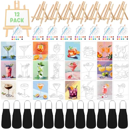 Motipuns 12 Set Cocktails Pre Drawn Canvas for Paint for Adults | 8 x 10 Inch, Sip and Paint Party Kit, Pre Printed Framed Canvas with Easels Paints Brushes Aprons, Party Adult Art Supplies - style: Cocktails