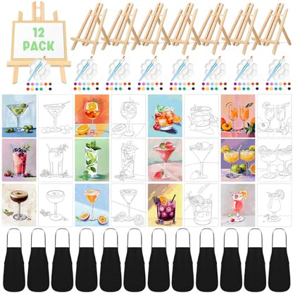 Motipuns 12 Set Cocktails Pre Drawn Canvas for Paint for Adults | 8 x 10 Inch, Sip and Paint Party Kit, Pre Printed Framed Canvas with Easels Paints Brushes Aprons, Party Adult Art Supplies - style: Cocktails