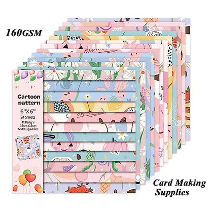 Scrapbook Paper, 24 Sheets 6"×6" 160gsm Single-Sided Patterned Cardstock - color: 24 sheets-cartoon