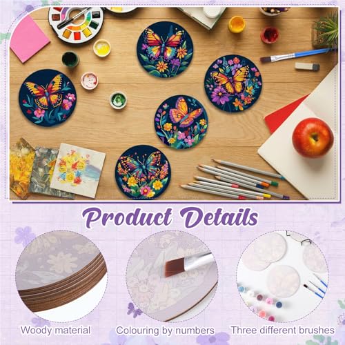 Reallnaive 8 Pcs Butterfly Flower Paint by Numbers Kit Coaster for Adults | Mini Paint by Numbers, Tiny Floral Round Oil Painting Drink Coaster with Holder, for Small DIY Craft Birthday Gift - style: Butterfly Flowers