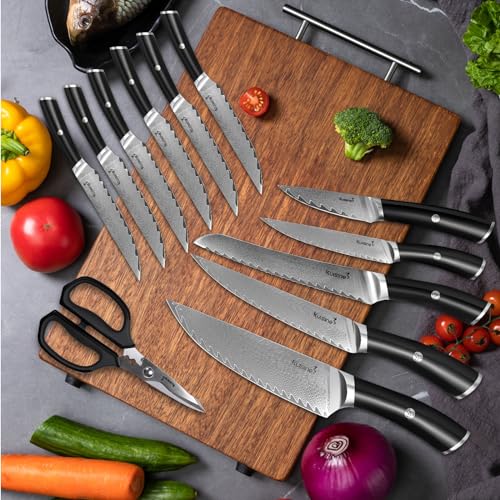 KUISINE 14-Piece Damascus Knife Set with Block, Ultra Sharp | Ergonomic Non-slip Handle Chef Knife Set with Built-in Sharpener, Dishwasher Safe, Luxury Gift for Holiday - color: Silver, size: 14 pieces