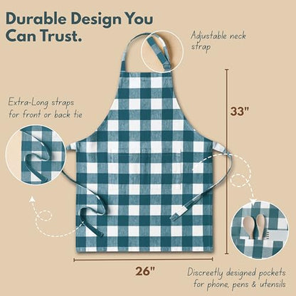 Native Fab Kitchen Apron 2 Pack - 100% Cotton Adjustable, Durable Apron with Pockets, Perfect for Cooking, Baking, Grilling - color: Buffalo, Teal Green