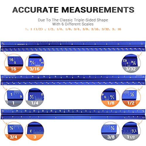 12" Architectural Scale Ruler Aluminum Architect Scale Ruler, Blue | Triangular Scale Ruler for Architects, Draftsman, Students and Engineers - color: Blue