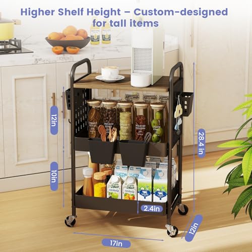 3 Tier Rolling Cart, Metal Storage Cart with Wooden Tabletop, Storage Cart with DIY Pegboards & Locked Wheels, Hooks & Hanging Cups for Any Room, Black - color: Black